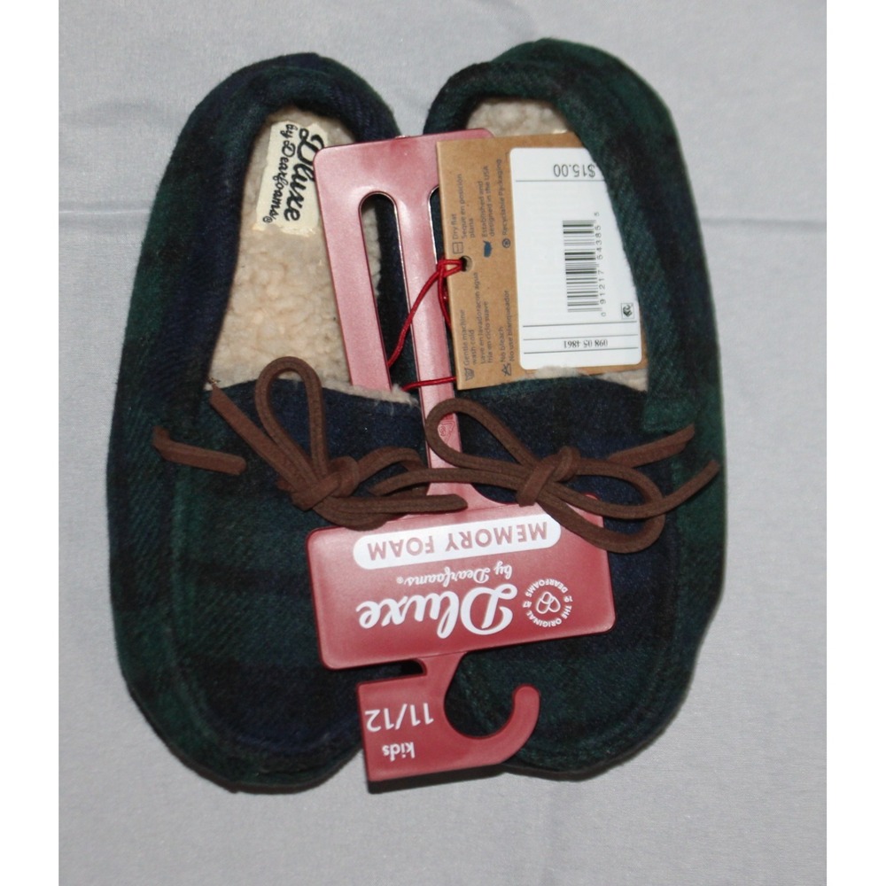 Kids Dearfoams Deluxe Memory Foam Slippers Plaid Green/Blue Size 11/12 BRAND NEW